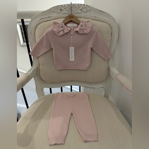 🦢 0~3 Mth Pale Dusty Rose Knit Embroidered Baby Sweater and Pants Set NWT - Picture 8 of 8